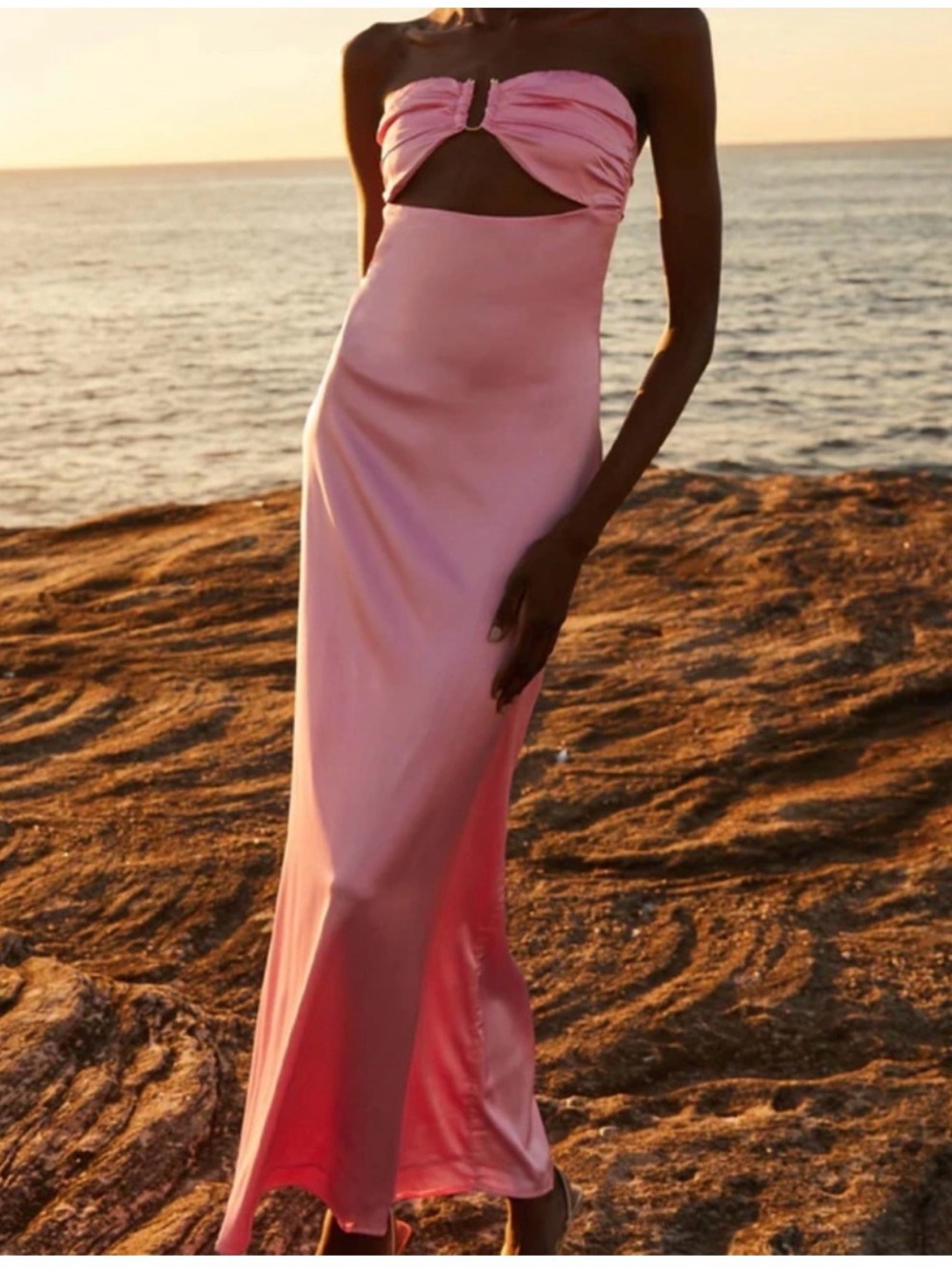 Peppermayo Pink Strapless Satin Cutout Maxi Dress